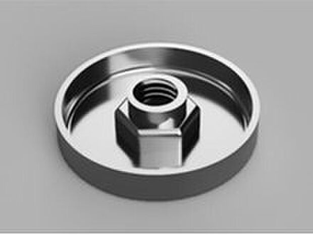 【木材のずれを抑える「せん断力負担腰掛座金」】座金は住宅の土台等の接合部に最も用いられる部品です。　一般的なめり込み防止の役割のほかに、座金の端部を立ち上げ木材に接触させることで木材のずれを抑える効果を付加し、住宅の構造性能を向上させました。