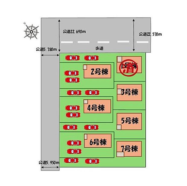 【全体区画図】駐車2台可能(車種による)!
急な来客時や、ご家族の自転車スペースとしても大活躍♪