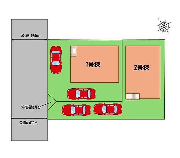 【全体区画図】駐車２台可能（車種による）！
急な来客時や、ご家族の自転車スペースとしても大活躍♪