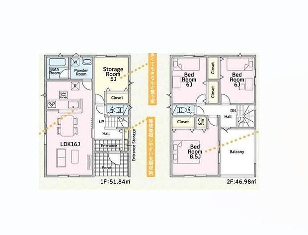 【3LDK+S】２階に６帖以上の居室を確保することで、独立性の高い快適なプライベート空間を実現。家具配置の自由度も高く、ご家族それぞれが満足できる使える広さがしっかり取れた住まいです。