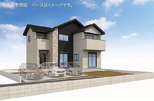 【完成予想図(外観)】5号棟
優しい印象の外観で温もり感じるお住まいとなっております!車通りの少ない前面道路、小さなお子様がいても安心です。採光、生活動線、収納力を考慮した個性豊かな魅力溢れるプランとなっております!