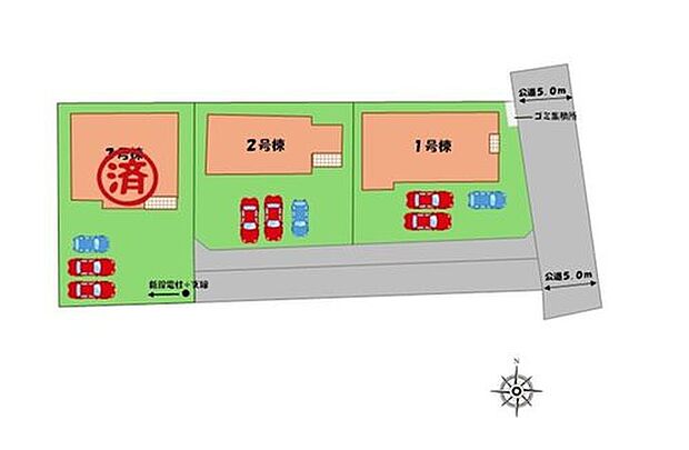 【全体区画図】駐車３台可能（車種による）！
急な来客時や、ご家族の自転車スペースとしても大活躍♪