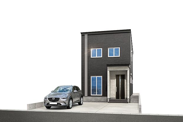 深みのあるダークカラーの外壁に、明るい色合いの玄関ポーチを組み合わせたモダンな外観。すっきりとした片流れ屋根と縦のアクセントラインが、スタイリッシュで洗練された印象を演出した外観です。