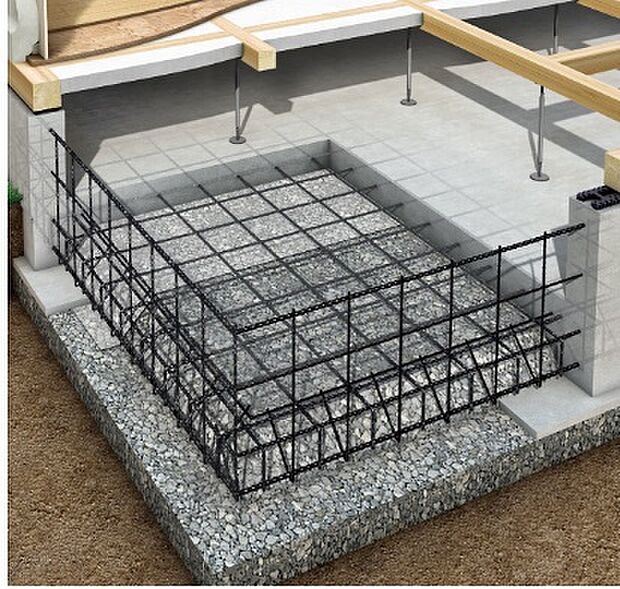 【ベタ基礎】ベタ基礎は、底面一面が鉄筋コンクリートになっており、湿気が建物に伝わりにくく、住宅の木材腐食を抑えることができます。さらに地面をコンクリートで覆うので白蟻に対する予防策にも有効です。
また、家の荷重を底面全体で受け止め、面で支えてくれるので、地震による揺れを分散し、建物の被害を軽減することができます。