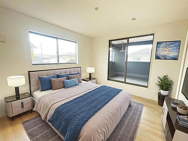 採光良好な明るい室内。木の温もりがやさしいフローリングは安らぎをもたらすプライベート空間。
※家具はCGでございます。