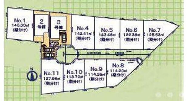 ≪全体区画図≫
全11家族のニュータウン♪新設道路など、快適に暮らせる環境に加え、ゆとりの広さを備えた分譲地となっております。