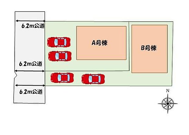 【全体区画図】
カースペース2台分♪前面道路6mで駐車も楽々♪