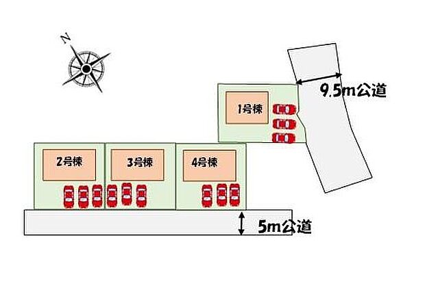 ≪全体区画図≫
カースペース3台分ございますので、家族分の自転車を駐輪したり、来客用の駐車スペースとしてもお使いいただけます。