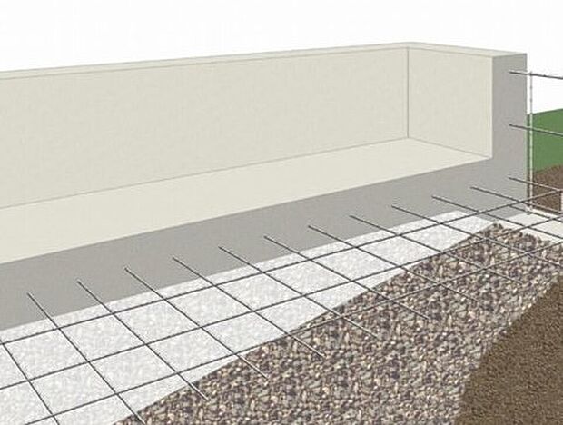 【安心を支える「鉄筋入りコンクリートベタ基礎」】ベタ基礎は地面全体を基礎で覆うため、建物の加重を分散して地面に伝えることができ、不同沈下に対する耐久性や耐震性を向上することができます。