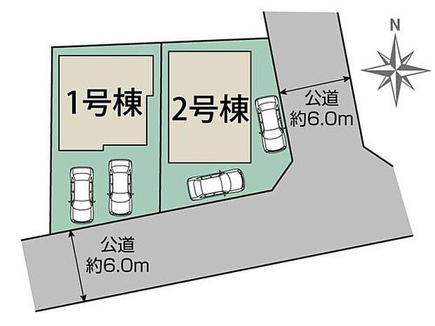 【全体区画図】カースペース２台分♪角地につき陽当たり良好な開放的な２邸宅♪