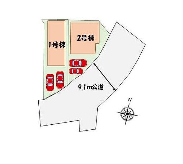 【全体区画図】カースペース2台分♪前面道路南向きで陽当たり良好♪