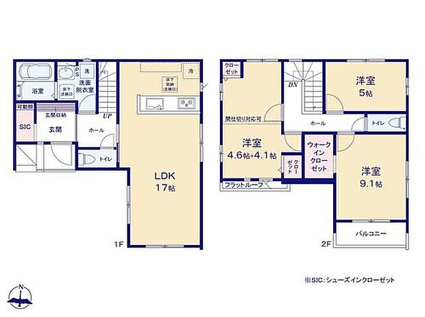 【3LDK】2階居室は4.6帖と4.1帖に間仕切り対応可で
お子様の成長と共に個室を増やしてお使い
いただけます♪玄関にはベビーカーなどを
見せずに収納できるSIC付き☆