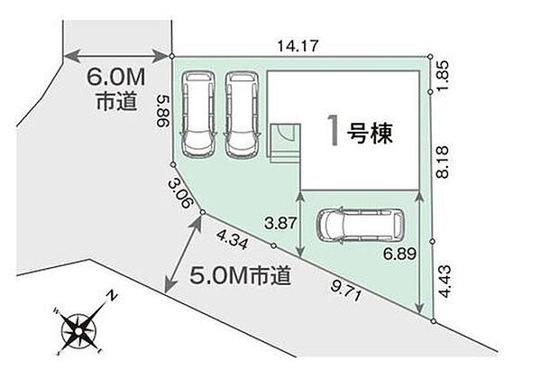 【全体区画図】車種によりカースペース３台分を確保☆
車通勤やお買物もラクラク♪
角地で開放感があり、陽当たりも良好です◎