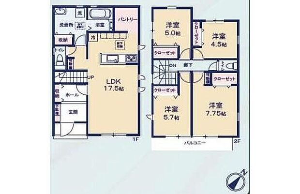 【4LDK】キッチンのすぐ横の収納スペースはミネラルウォーターや調味料などの置き場所に最適♪帰宅時・外出時の自然なコミュニケーションを育むリビングイン階段を採用。仲良し家族の画が浮かびます♪