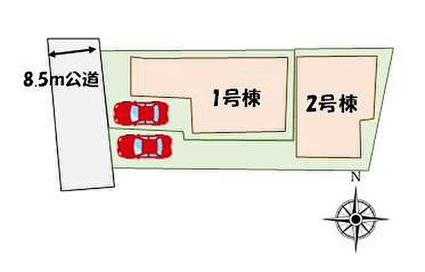 【全体区画図】カースペースあり♪前面道路８．５メートルで駐車も楽々♪