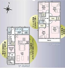 ご家族が集う空間と、個の時間を大切にする居室をしっかり分け合える２階４居室プラン♪増えがちな季節の衣類や本、趣味の道具などもすっきりと片付く納戸も完備しています♪ 