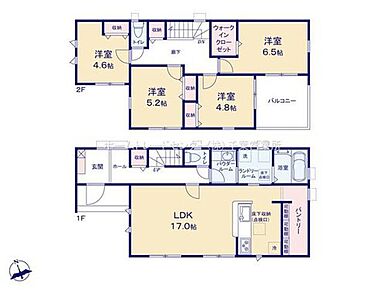 ご家族が集う空間と、個の時間を大切にする居室をしっかり分け合える２階４居室プラン♪
キッチンのすぐ横の収納スペースはミネラルウォーターや調味料などの置き場所に最適♪ 