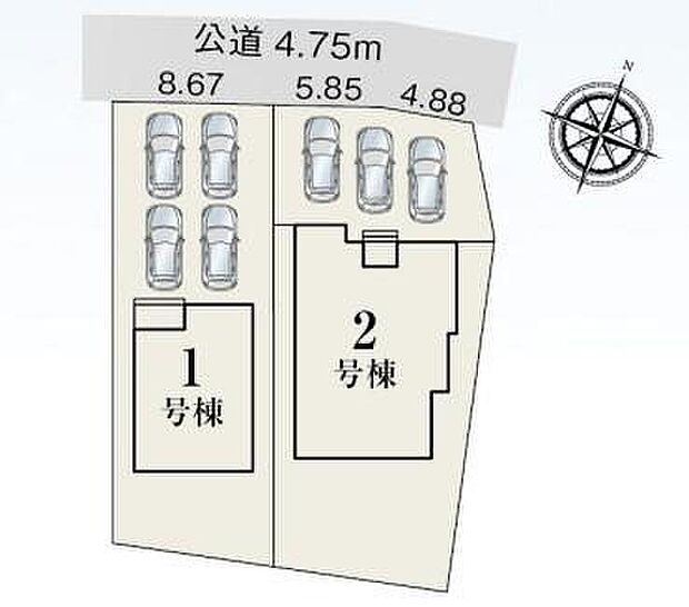1号棟 2,450万円
2号棟 2,580万円
3~4台駐車可能(号棟による)なスペースを確保しました☆