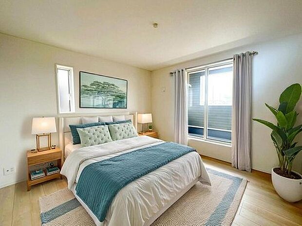 【リビング以外の居室】1号棟
2面採光を施した為、晴れの日の日中はいつも明るい室内に。(現況の物件写真に、CG による画像処理を行っています。家具、家電、照明器具、小物、カーテン、その他のイメージはCG です。)