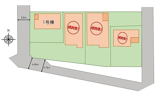 【全体区画図】１号棟　２，２８０万円
２号棟　ご契約済み
３号棟　ご契約済み
４号棟　ご契約済み