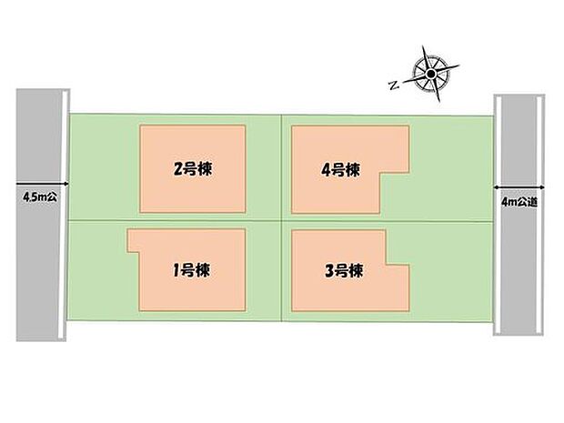 【全体区画図】１号棟　２，４８０万円
２号棟　２，５８０万円
３号棟　２，６８０万円
４号棟　２，７８０万円