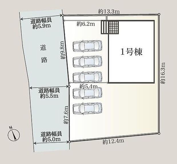 【全体区画図】１号棟　２，４９０万円

並列５台駐車できるカースペースあり☆