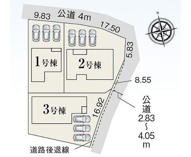 【全体区画図】１号棟　２，２８０万円
２号棟　２，４８０万円
３号棟　２，４８０万円