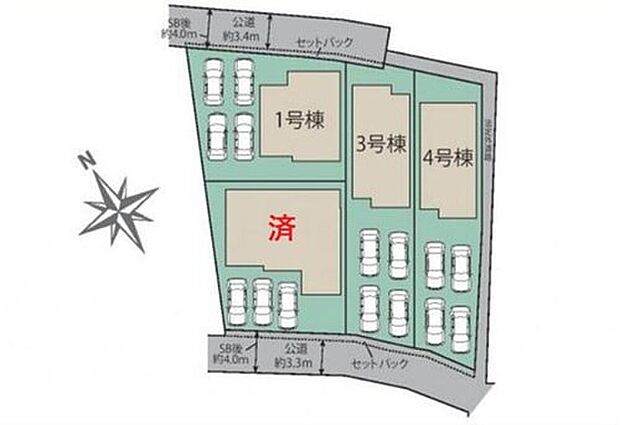 【全体区画図】１号棟　２，7９９万円
２号棟　ご成約済み
３号棟　２，９９９万円
４号棟　３，０９９万円

３～４台（号棟による）駐車可能なカースペースあり♪