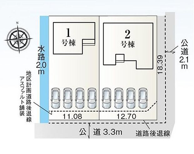 【区画図】1号棟 2,450万円
2号棟 2,580万円
並列4台分のカースペースを完備☆