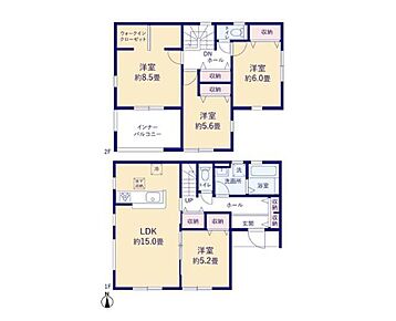 全居室南向きの陽光溢れる明るいお住まい☆
主寝室には大容量WIC付き☆全居室＋1階・2階ホールにも収納を完備しておりますので、いつでもお部屋がスッキリ片付きます♪ 