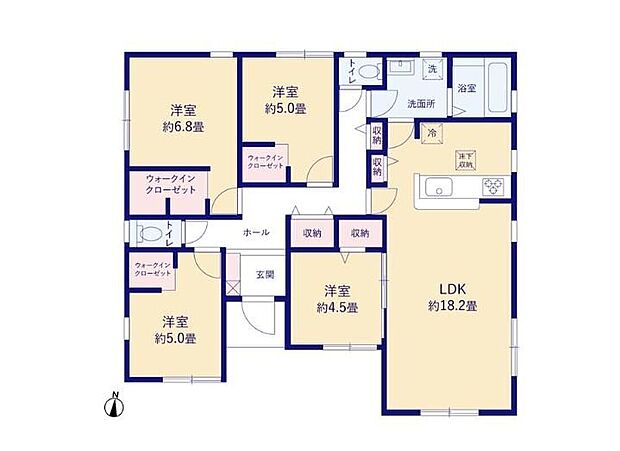 【4LDK】暮らしやすい動線が魅力の平屋建て☆
対面式キッチンを採用したリビングは広々18帖超!
ウォークインクローゼットを3部屋に完備しておりますので、お部屋を広々お使いいただけます♪