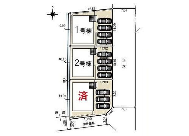 【全体区画図】1号棟 2,290万円
2号棟 2,290万円
3号棟 ご成約済
並列3~4台分駐車可能なスペースを確保しました☆