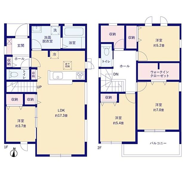 【4LDK】対面システムキッチンを採用した、開放感ある約17.3帖のLDK☆
ホール収納、リビング収納、WIC等、収納たっぷりでお部屋がすっきり片付きます♪
オールフローリングでお手入れ・お掃除ラクラクです！