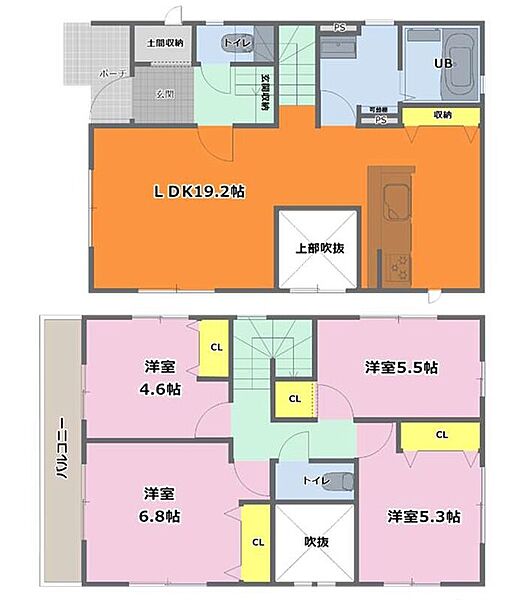 2号棟：２階に洋室が４部屋ある間取りなのプライベート空間も開放的！吹抜けのあるリビングは広々19帖以上で開放的な空間です。