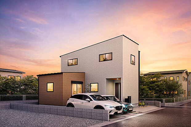 『見る角度で印象が変わる外観』
昼と夜、東側と南側、見る角度で見え方が違う色んな表情を楽しめる外観となっています!
3色使用することで長く住んでも飽きの来ない外観デザイン。