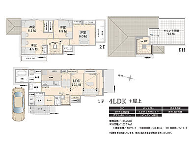 約19.1帖LDK／屋上「そらいろ空間」／SIC／パントリー／2WAY脱衣室／スタディカウンター／リビングイン階段／折り上げ天井／ダブルバルコニー 