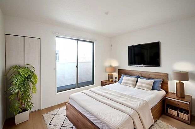 【主寝室】主寝室は広々していて安らげる空間に。大きな窓から光が差し込み、朝の目覚めも良さそう♪。※施工事例です。実物とは異なります。詳しくはお問い合わせください。「※CGにて家具を配置しています」