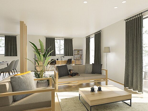 【LDK】家族が集まるリビングは広々30帖! ご家族が自然に集まれる空間を考えました。大切なお家時間も自然に演出。※施工事例です。実物とは異なります。