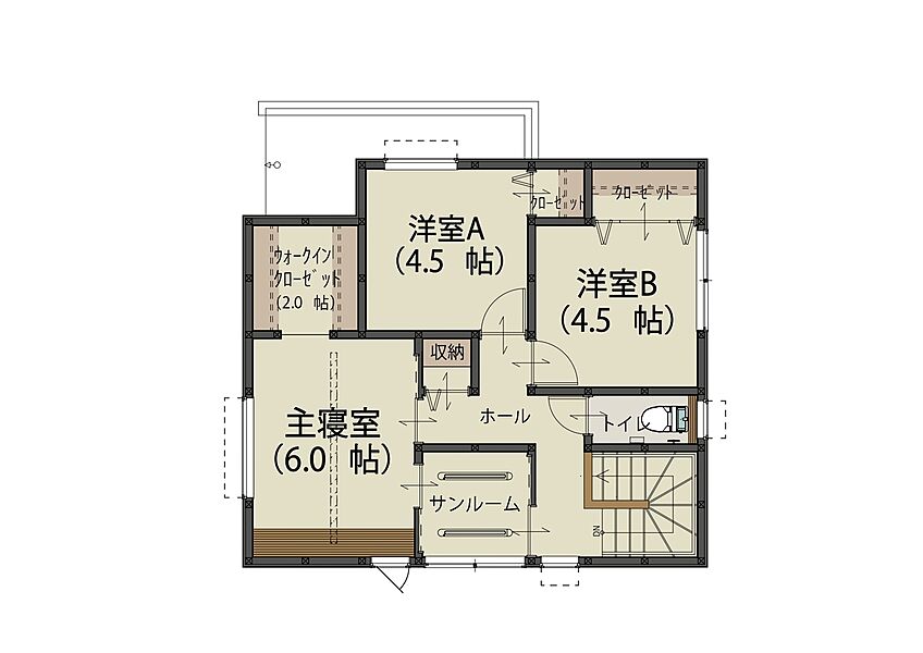 主寝室とホールどちらからも出入りのできる便利な間取り！（B）