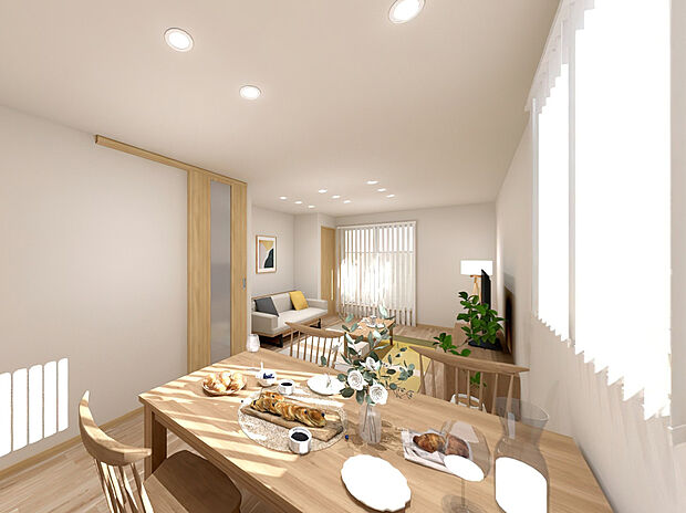 【【完成イメージパース(リビング)】】■リビング階段は、1階と2階の行き来で必ずリビングを通るので、家族が顔を合わせる機会が増えます♪また、1階から2階へ声が届きやすく、気配も感じやすいので、コミュニケーションもとりやすいです!