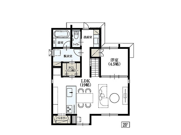 【No.2区画　2階参考プラン】※本プランは参考プランの一例です。採用につきましては土地ご購入者様の自由な判断に委ねられます。
※この参考プランによる建築予定代金のほかに外構工事費として約240万円必要です。家具・調度品は価格に含まれません。詳しくは係員にお尋ねください。
【プラン内容に含まれるもの】本体工事費・付帯工事（屋外給排水・ガス工事費）・建築確認申請料・設計料
※家具・調度品等はイメージです。