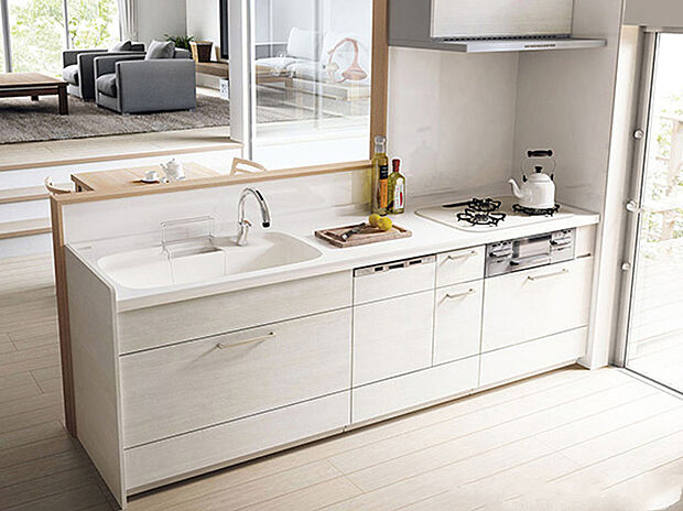 【カウンターキッチン】リビング全体を見渡せるフルオープンのカウンターキッチン！