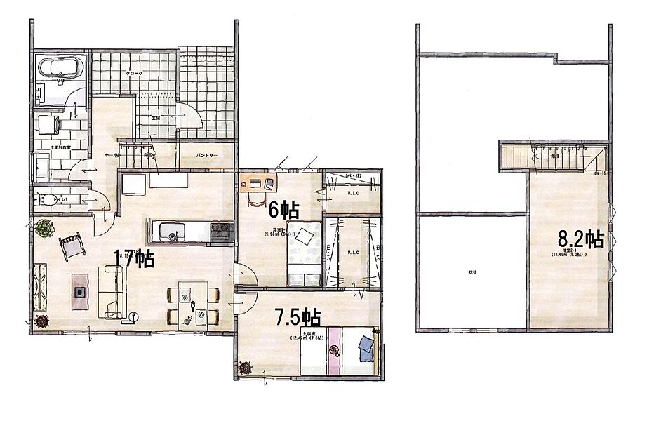 平屋風２階建、LDK17帖、洋室8.2帖、洋室7.2帖、洋室6帖、シューズinクローゼット、ウォークinクローゼット完備、十分な居住スペースと収納力配置、基本平屋間取りのため生活しやすい動線です