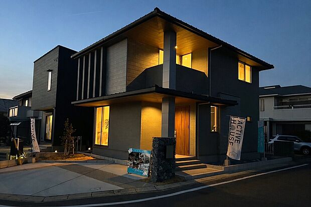 【マジックアワーのオーガニックハウス】エクステリアや植栽にライトを当てさらにナイトモードの雰囲気がでます、角地の配置のため街のランドマークにもなる邸宅です。