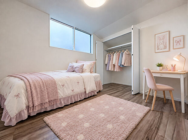 【洋室　（A号棟）】■子ども部屋にも広々クローゼット。吊りレールで開閉がスムーズにおこなえます。
※家具・小物・植栽等は、生成AIによるイメージです。販売価格には含まれません。