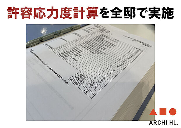 【【 許容応力度計算 】 】建物の各部材に外部から力がかかった時に損傷が生じないかを確認したものです。災害時などにおうちがどこまで耐えられるかを計算により数値化しています。