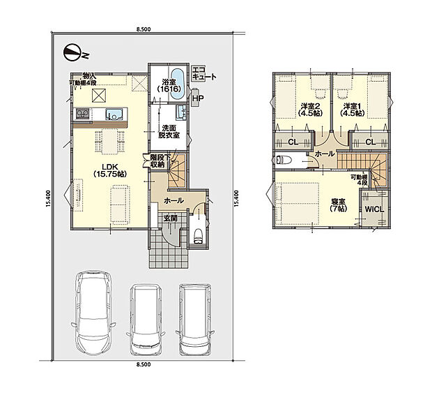 【施工例】LDKは約15帖で、家族が集まって楽しい時間を過ごすのに最適な空間に!2階には、収納付きの洋室2部屋と、WICL付きの主寝室があります◎