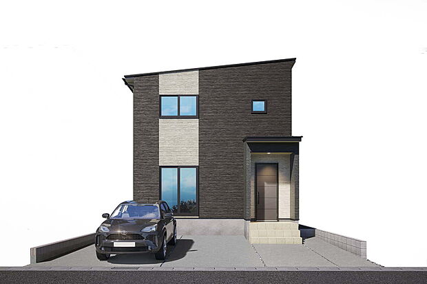 【イメージ図】スタイリッシュなダークグレーとホワイトのツートンカラーが映える、都会的で洗練された外観デザイン。玄関は落ち着いた木目調のドアを採用し、高級感を演出。駐車は3台可能です！