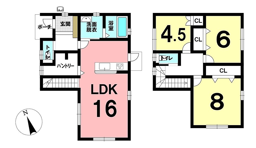 キッチン脇のパントリーがポイント♪キッチン周りがスッキリ片付きます！玄関⇔キッチンの距離が近く買い物帰りの荷物の整理も楽ちんな間取り。