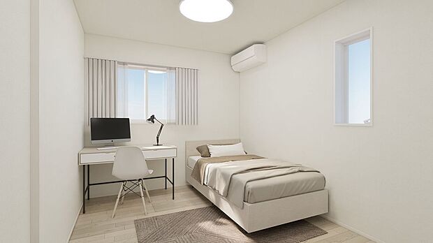 【完成予想図（内観）】■1号地洋室1（パース）勉強に集中できるデスクスペースと心地よいベッドスペースを両立できる、程よい広さの洋室です。窓からの光が部屋全体を明るく照らし、日中も快適です。